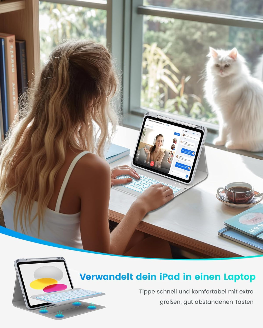 typecase Hülle mit Tastatur für iPad A16 11/10 Generation((2025/2022, 11/10.9 Zoll),7-farbige Beleuc