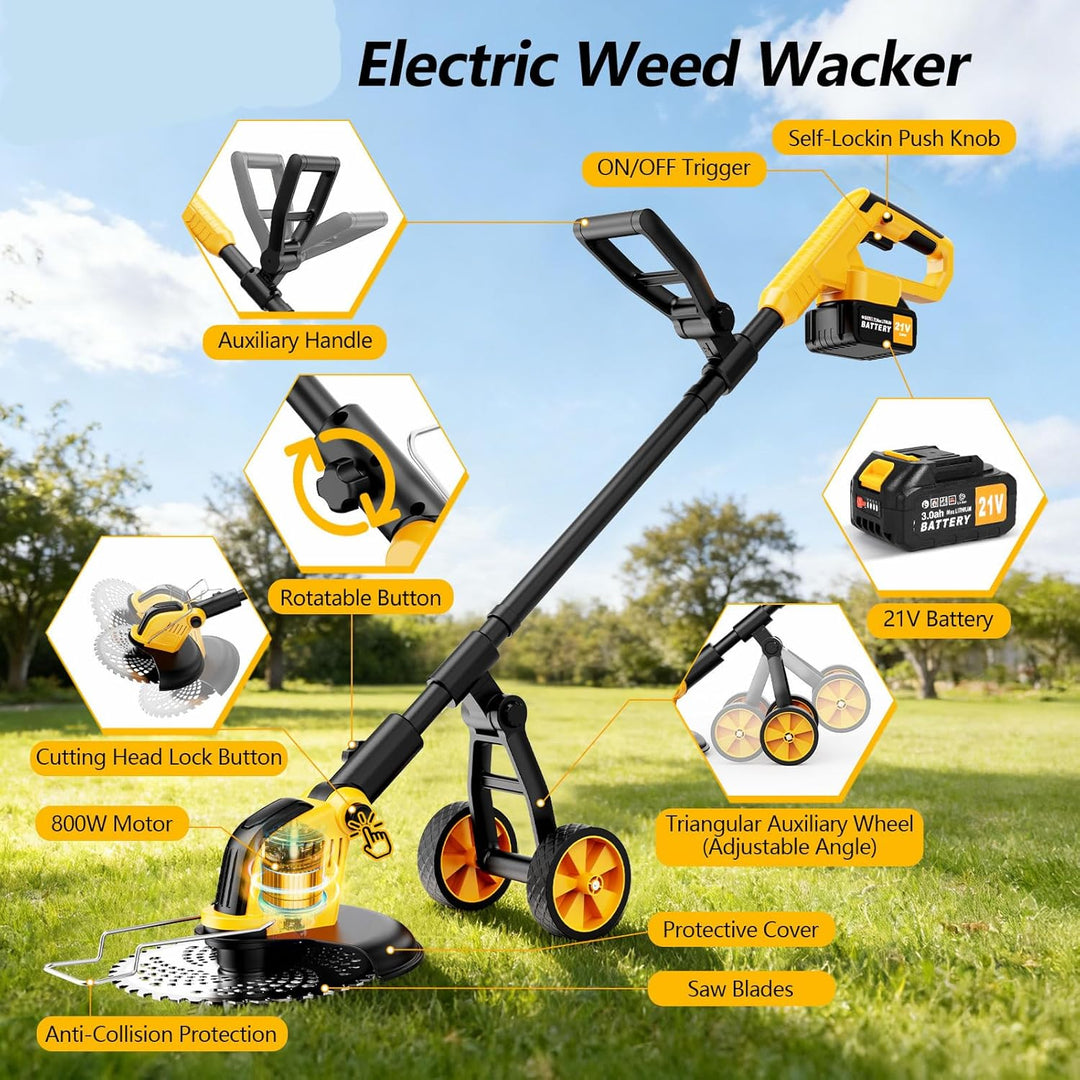 Akku Rasentrimmer,4 in 1 Elektro Rasentrimmer mit 2 * 3000 mAh Batterie und Ladegerät,800W Bürstenlo