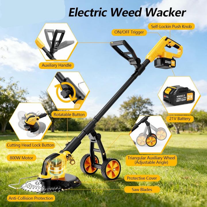 Akku Rasentrimmer,4 in 1 Elektro Rasentrimmer mit 2 * 3000 mAh Batterie und Ladegerät,800W Bürstenlo