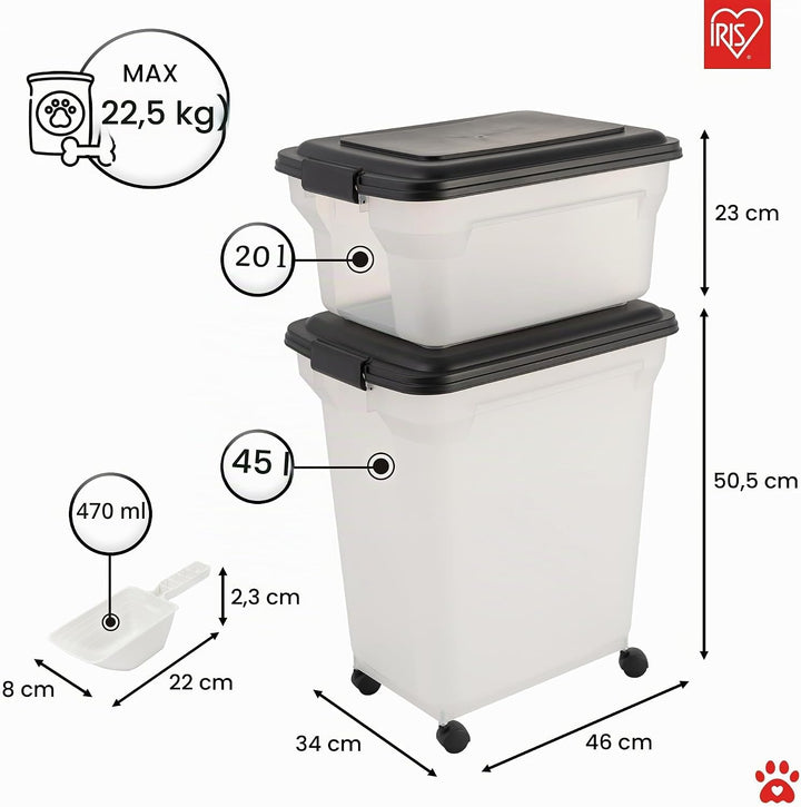 Iris Ohyama Hundefutter Aufbewahrung mit Rollen, 45L+20L, Schwarz, Luftdichte Futterbox, Trockenfutt