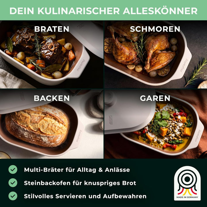 myromy® Bräter, Schmortopf & Brotbackform aus Keramik Natur-Ton: Bratentopf, Dampfgarer & Backform,