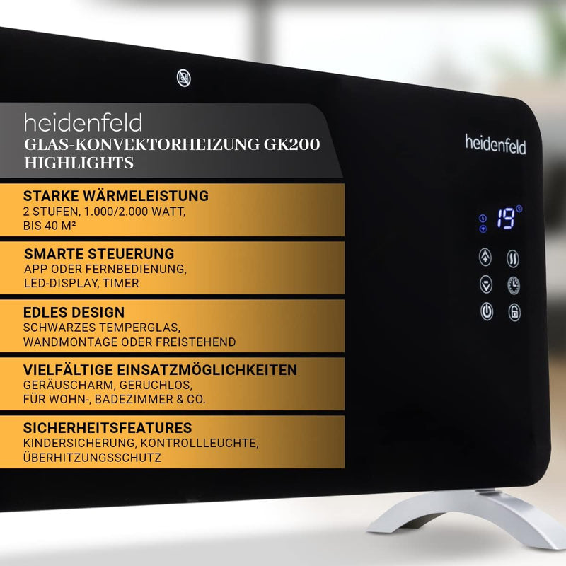 Heidenfeld Konvektor Heizung GK200 | 𝟯 𝐉𝐀𝐇𝐑𝐄 𝐆𝐀𝐑𝐀𝐍𝐓𝐈𝐄 - Glaskonvektor mit WLAN - 2000 Watt - Heizlüf