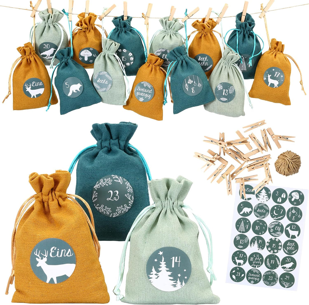Papierdrachen 24 Adventskalender Stoffsäckchen zum Befüllen - mit Zahlenaufklebern von 1-24 - Stoffb
