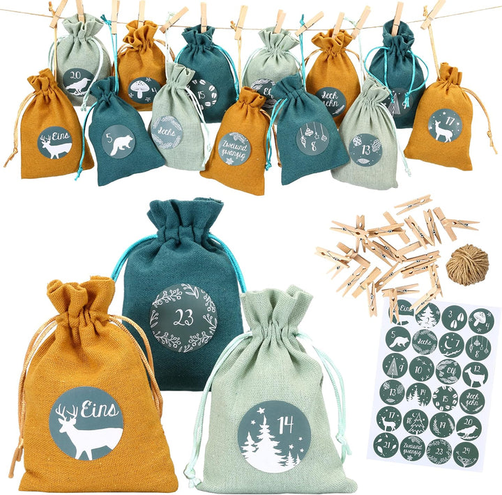 Papierdrachen 24 Adventskalender Stoffsäckchen zum Befüllen - mit Zahlenaufklebern von 1-24 - Stoffb