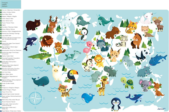 Janod - Minikids – Magnet-Puzzle der Welt - 40 Magnete aus FSC-Holz - Mit 1 Poster - Lernspiel - Mag