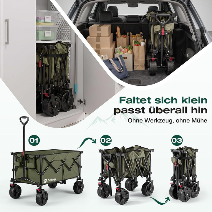 Sekey XXL Plus Bollerwagen Faltbar mit Bremsen 200L 200KG Belastbar, Extra Breite Reifen All Terrain