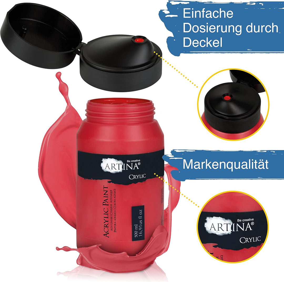 Artina 6er Acrylfarben Set 500ml – Deckende Malfarbe Schnelltrocknende Farbe zum Malen 6x500ml Profi
