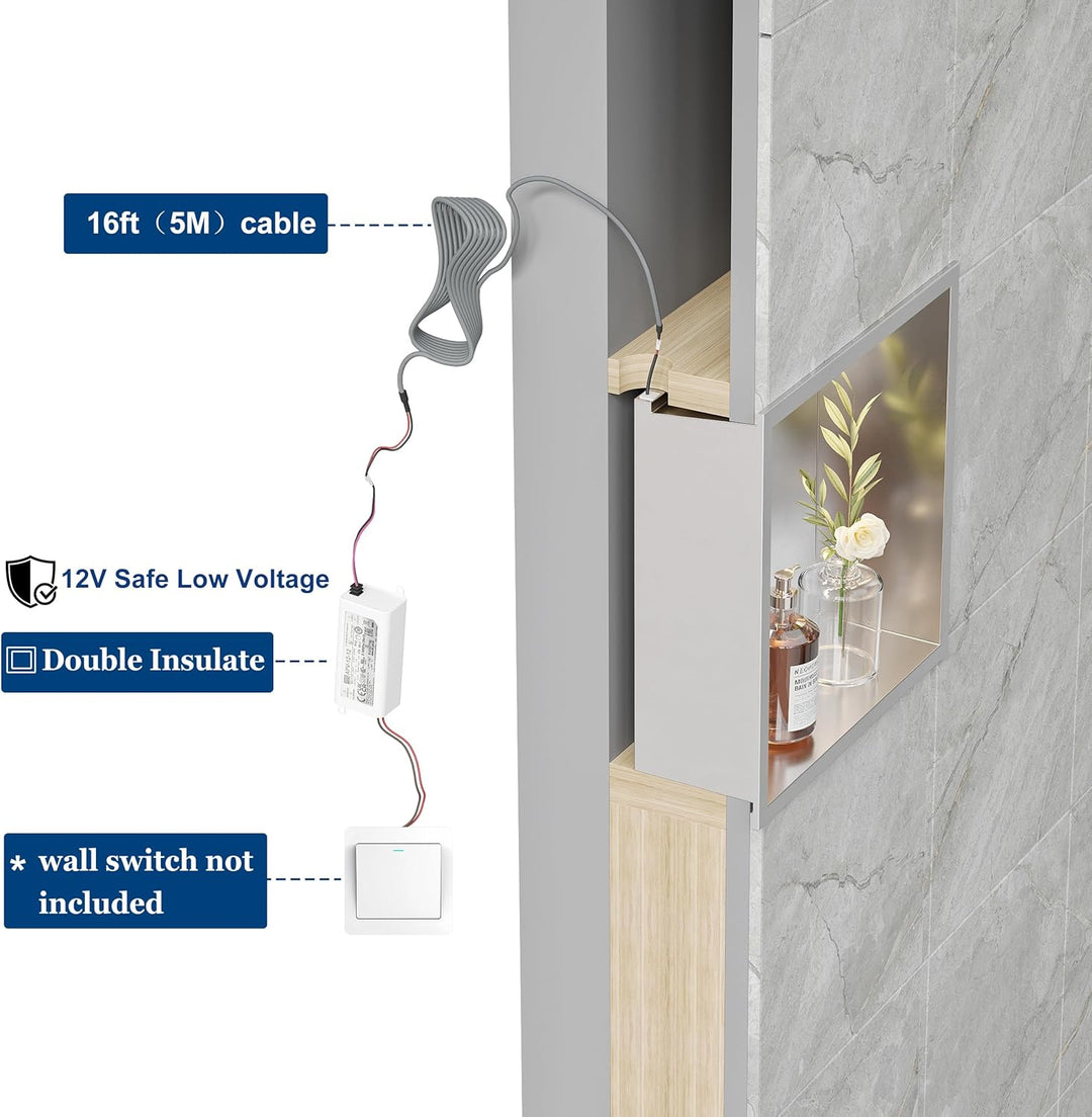 Wandnische Dusche Edelstahl mit LED-Licht, Eingebettete Duschnische Einzelregal Lagerung für Badezim