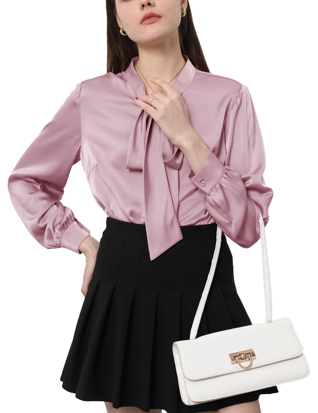 Tapata Bluse Damen Elegant Satin Button Down Hemd mit Schleife Female Hemdblus Langarm Business Lang
