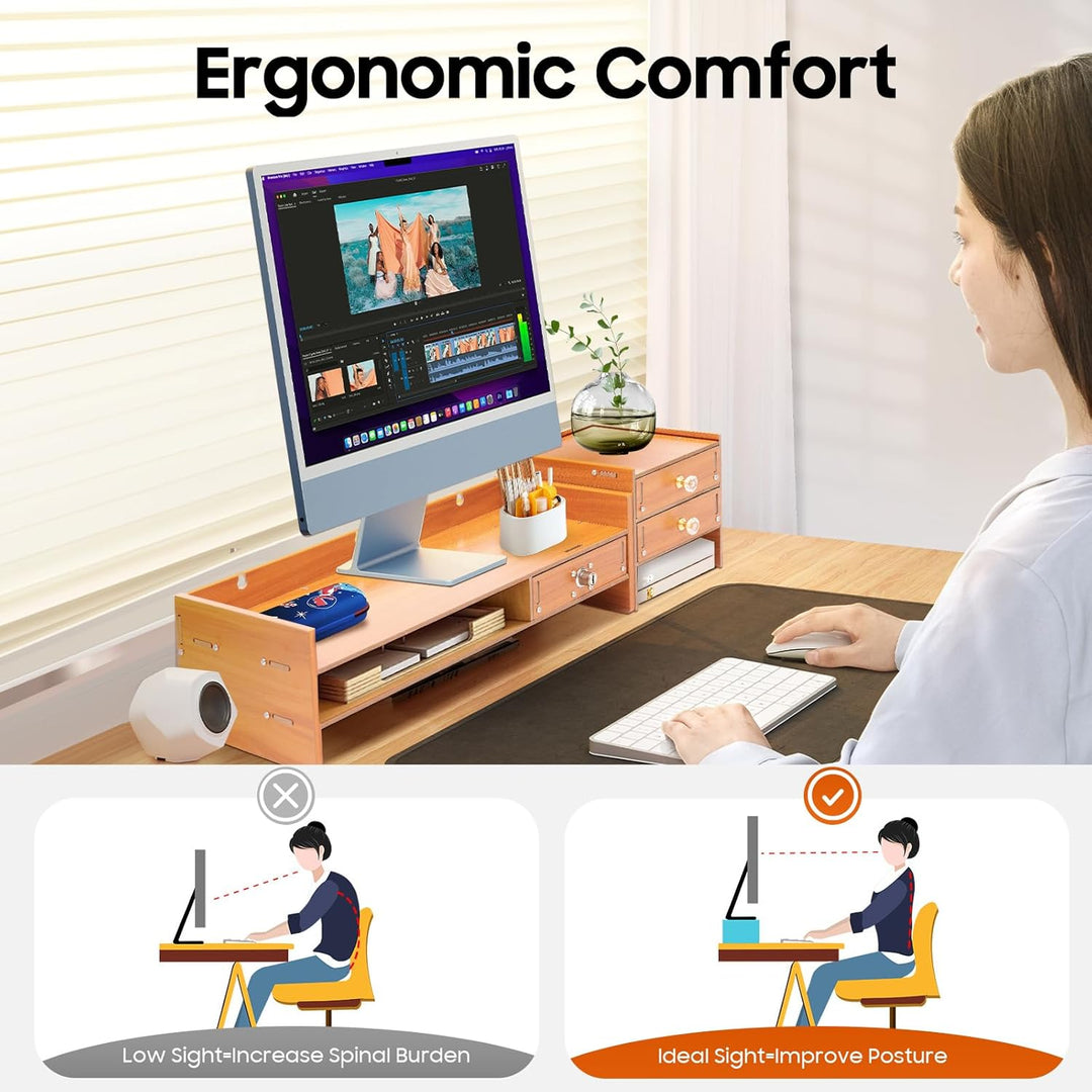 TESUGN Monitorständer mit Aufbewahrungsfunktion, Grosser Computer-Laptop-Ständer mit Schublade, Schr