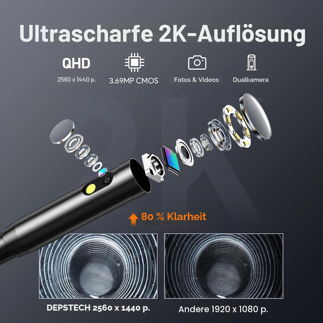 DEPSTECH 2K Endoskopkamera mit Licht: 2560P QHD dual Lens Inspektionskamera, Endoskop mit 5 m Schlan