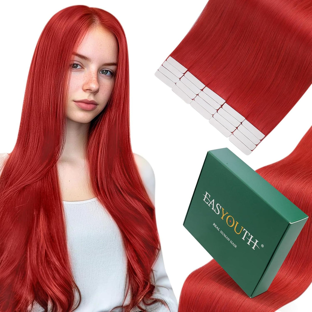 Easyouth Remy Tape on Extensions Echthaar Adhesive on Haar 18 Zoll 25g Farbe Rot Extensions Echthaar