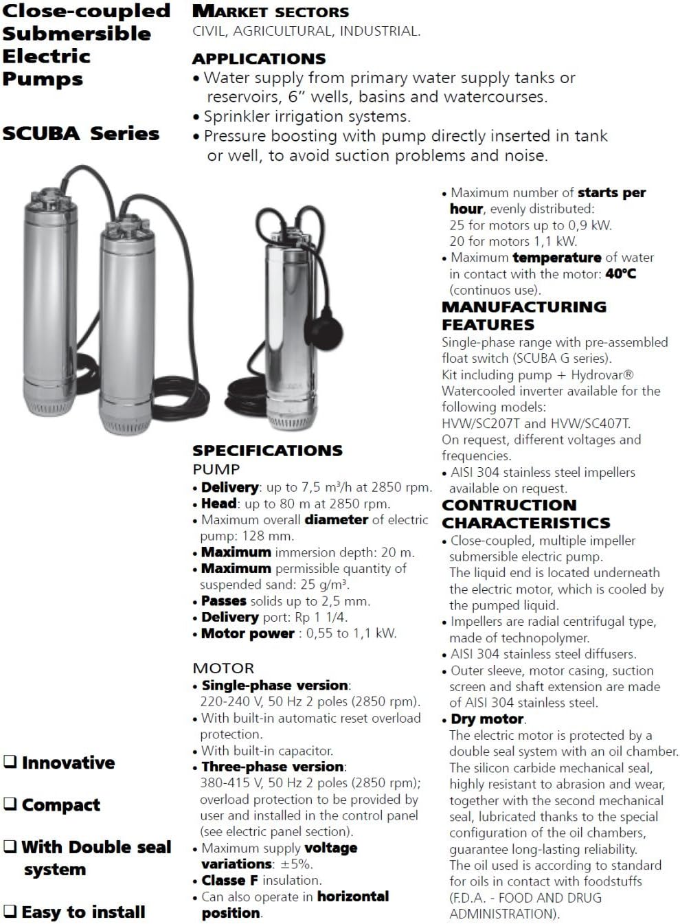 Lowara Scuba Unterwasserpumpen 5” SC207T L27 0,75 kW / 1,1 HP / 3x380-415V 50Hz