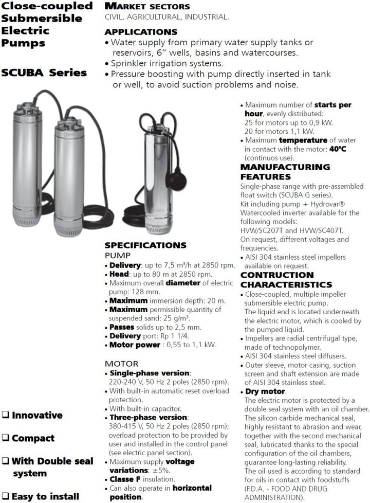 Lowara Scuba Unterwasserpumpen 5” SC207T L27 0,75 kW / 1,1 HP / 3x380-415V 50Hz
