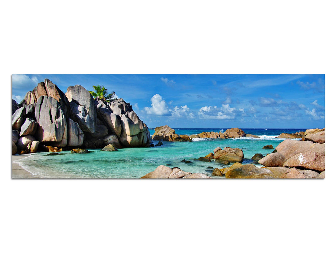 Paul Sinus Art Panoramabild auf Leinwand und Keilrahmen 150x50cm Seychellen Strand Meer Felsen