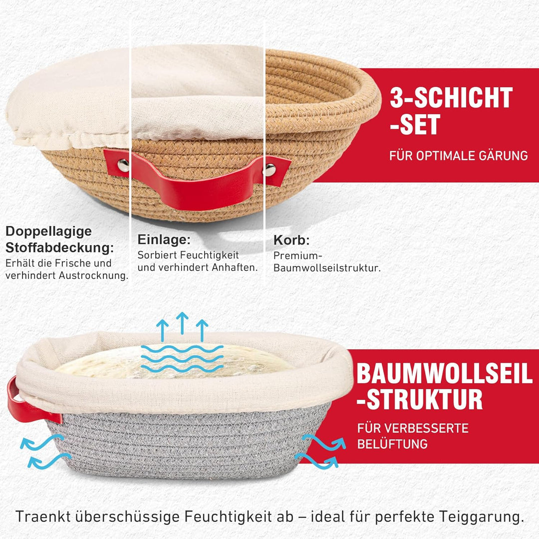 Gärkörbchen- Sauerteig Brot Gärkorb Set – 23 cm Rund & 26 cm Oval mit Bezug & Deckel | Natursauertei