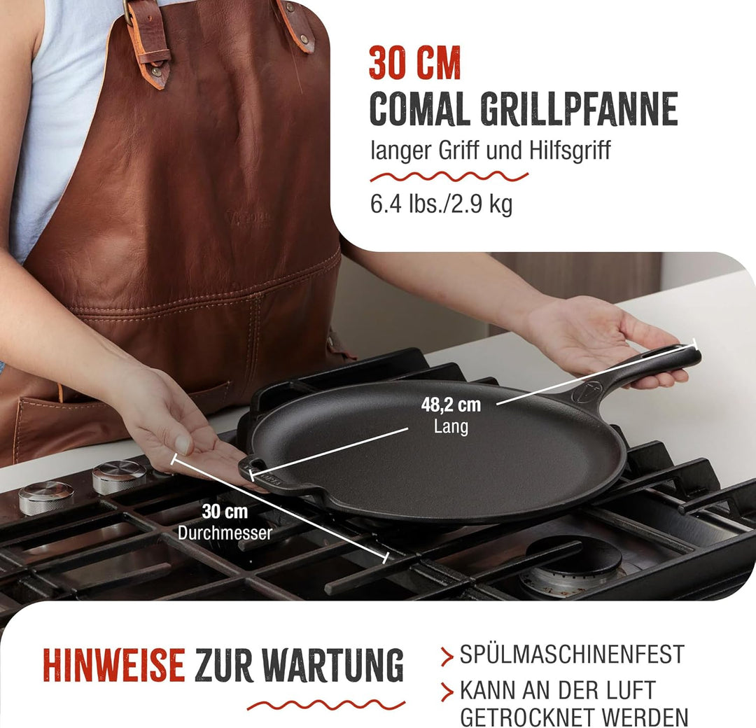 VICTORIA Grillpfanne Emaillierte Gusseisen Comal Pizza-Pfanne 30cm, Omeletts, Induktion, Feuer, Gril
