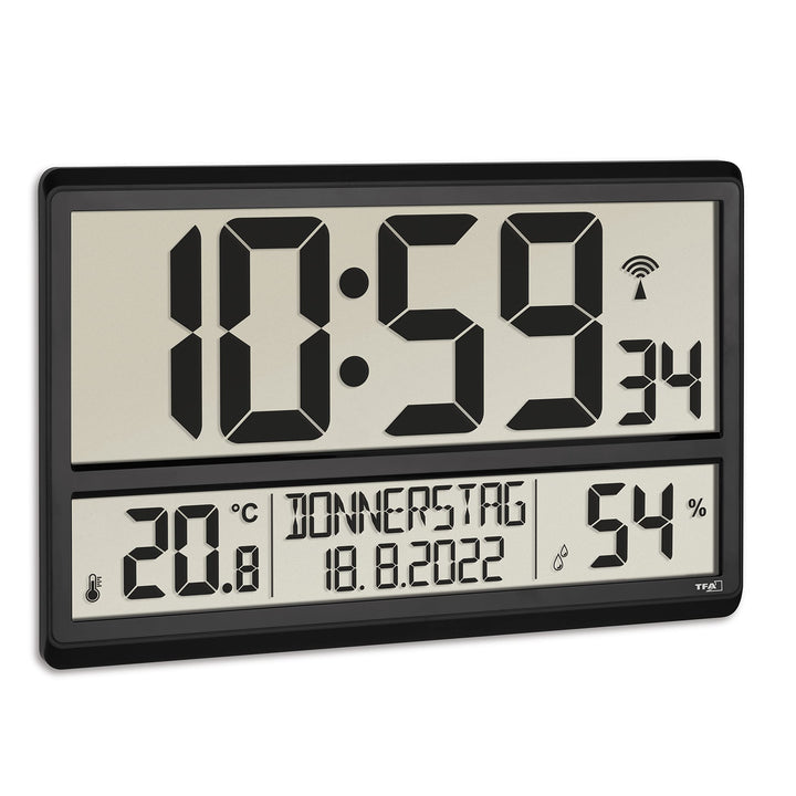 TFA Dostmann XL Wanduhr digital, 60.4520.01, mit Temperatur und Luftfeuchtigkeit, Wochentag (8 Sprac
