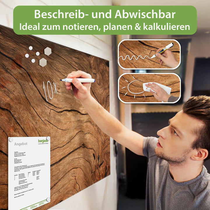 banjado® Glas Magnettafel mit 4 Magneten - Magnetwand 60x40cm mit Motiv Trockenes Holz - Memoboard/P