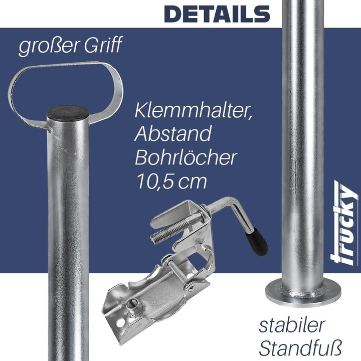Trucky 2X Set Anhänger Stützen mit Klemmhalter Anhängerstützen 300 kg verzinkter Stahl 600 mm 60 cm