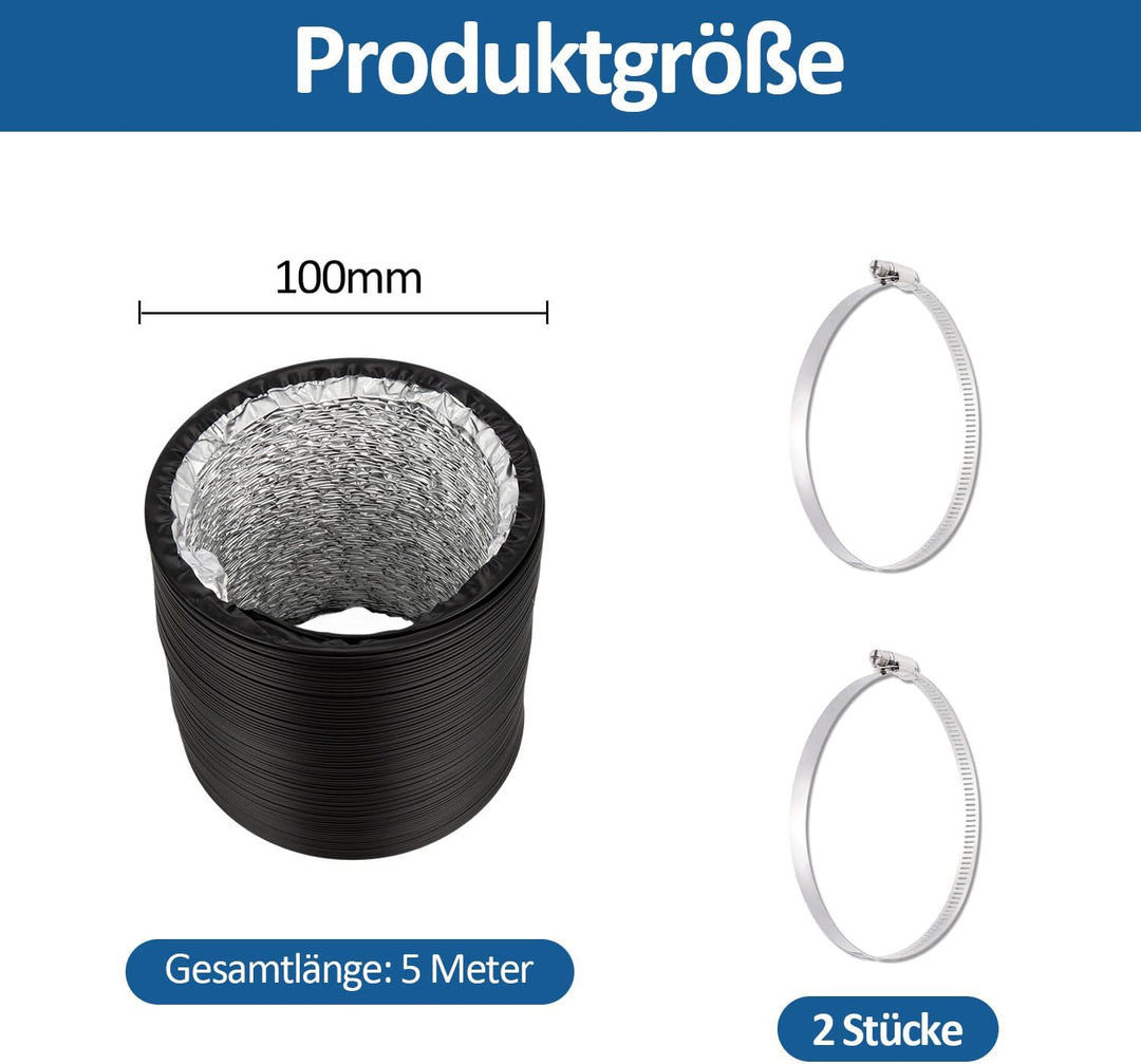 Abluftschlauch 100mm Alu Flexrohr Länge 5M Schwarz PVC Alurohr Lüftungsschlauch Schlauch mit 2 Stahl
