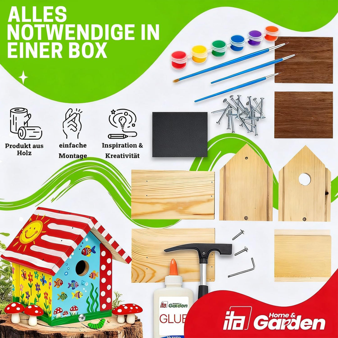 ITA DIY Nistkasten zum Zusammenbauen und Bemalen Flyway - mit Hammer, Farben &amp; 3 Pinsel - Holz Baste