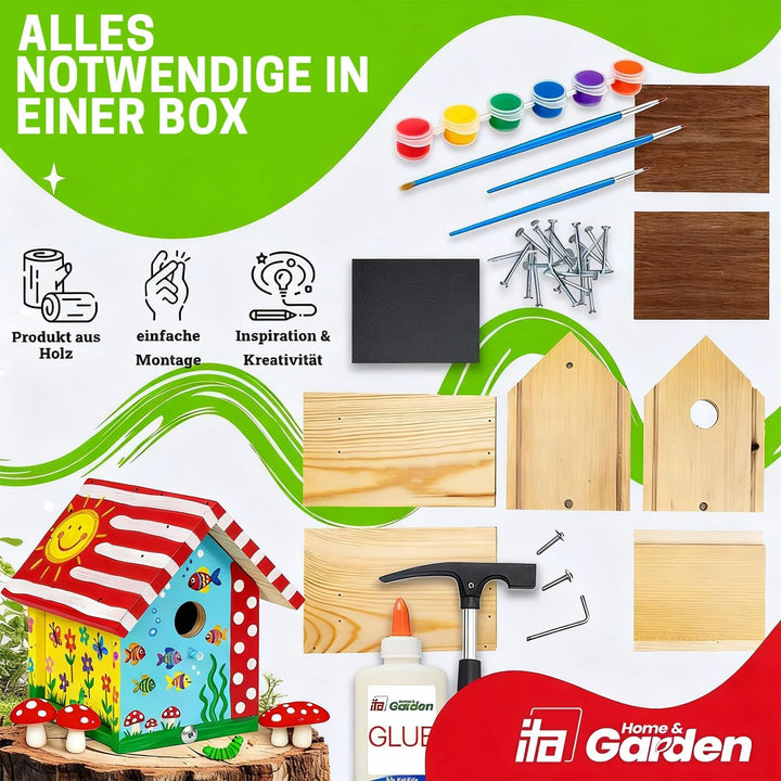 ITA DIY Nistkasten zum Zusammenbauen und Bemalen Flyway - mit Hammer, Farben &amp; 3 Pinsel - Holz Baste