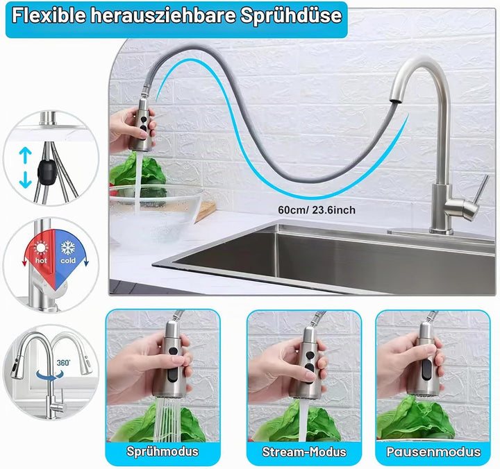 Wasserhahn Küche Ausziehbar, Hochdruck Küchenarmatur Ausziehbare Waschtischbatterie Zwei Sprühfunkti