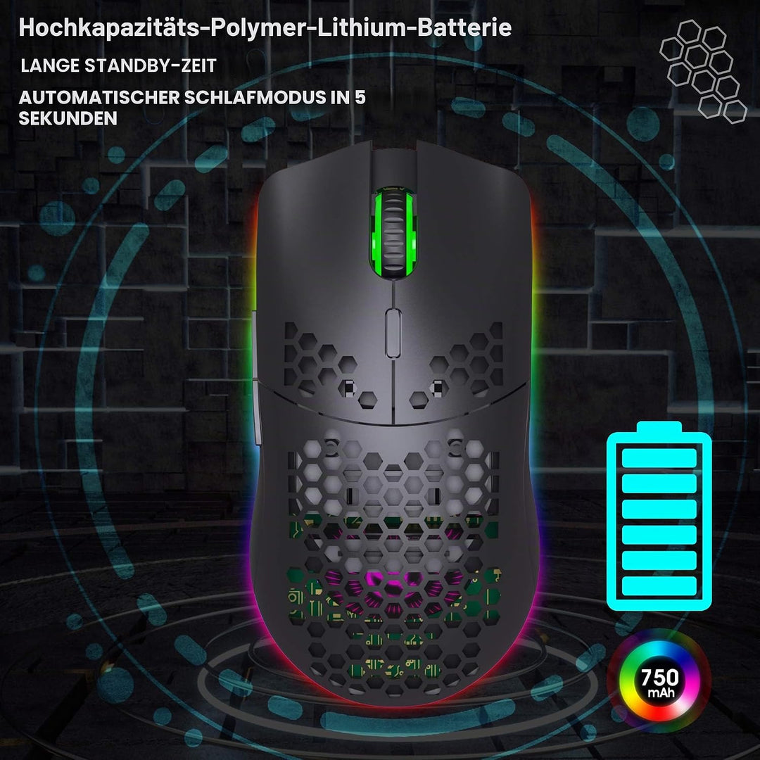 Drahtlose Gaming Maus, 2,4G Superleichte Wabenschale Ergonomische RGB-Mäuse mit 750mAh Akku, Energie