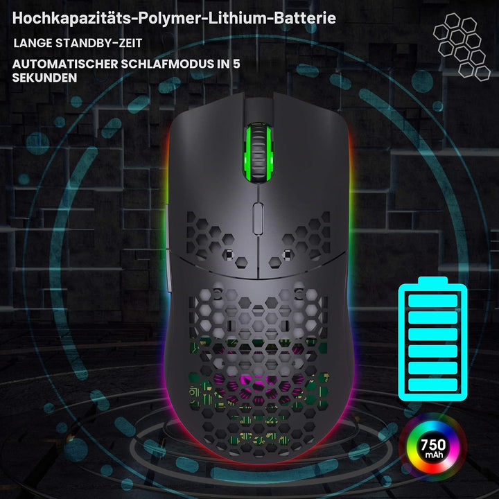 Drahtlose Gaming Maus, 2,4G Superleichte Wabenschale Ergonomische RGB-Mäuse mit 750mAh Akku, Energie