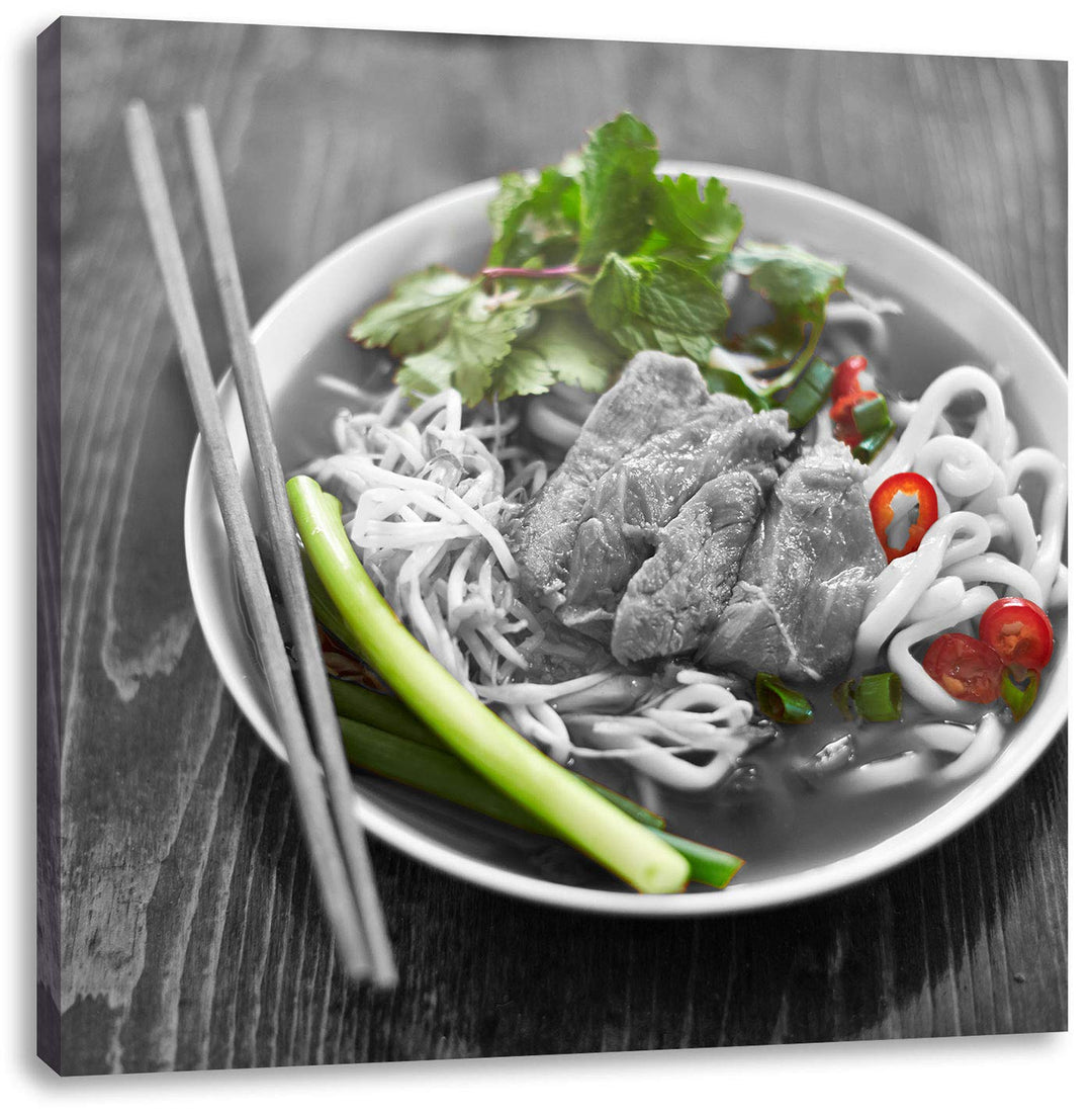 Pixxprint Nudelsuppe mit Fleisch als Leinwandbild/Grösse: 70x70 cm/Wandbild/Kunstdruck/fertig bespan