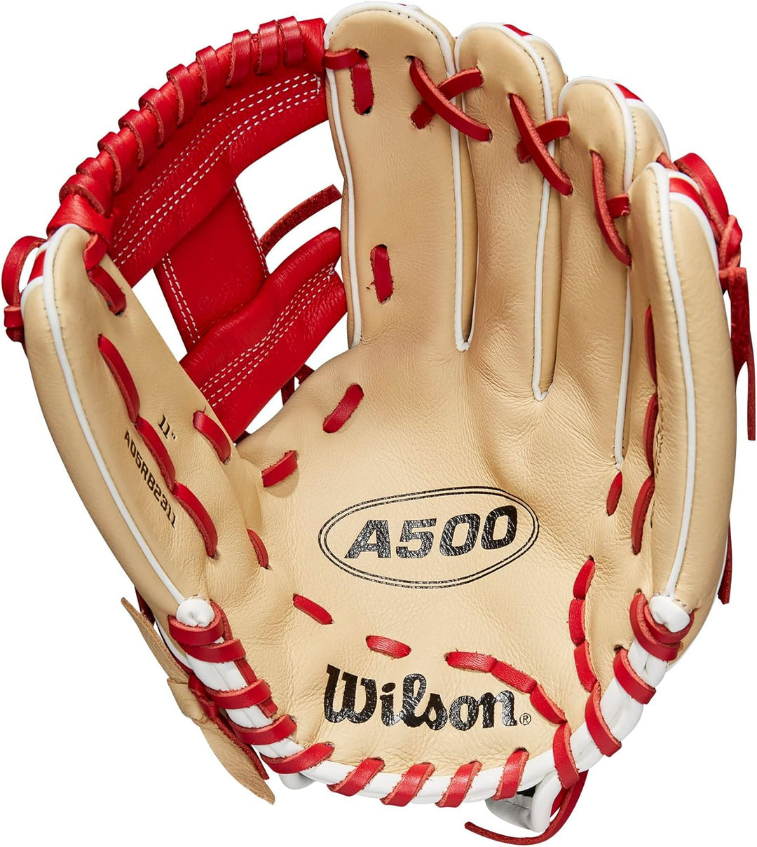 WILSON 2023 A500 Jugend-Baseballhandschuh, Blond/Rot/Weiß 11" Linke Hand Wurf