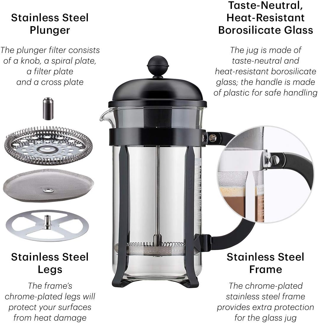 Bodum Chambord Kaffeebereiter 8 Tassen mit Metallrahmen, Chrom, Schwarz, 1 l