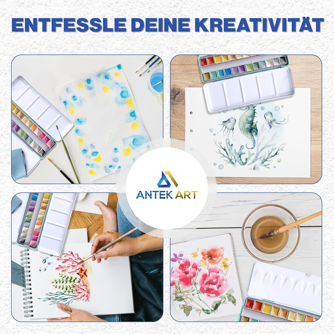 Aquarellfarben Set [24x Metallic Glitzerfarben] – Aquarell Set unterwegs im Metallkoffer inkl. Misch