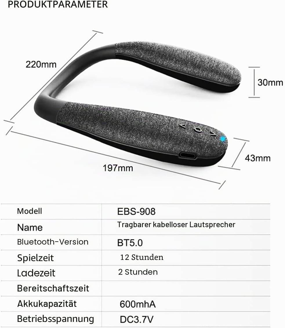 QiCheng & LYS Halsband Bluetooth Lautsprecher, Companion Schwarz, Tragbar Drahtlos, Hervorragende Au