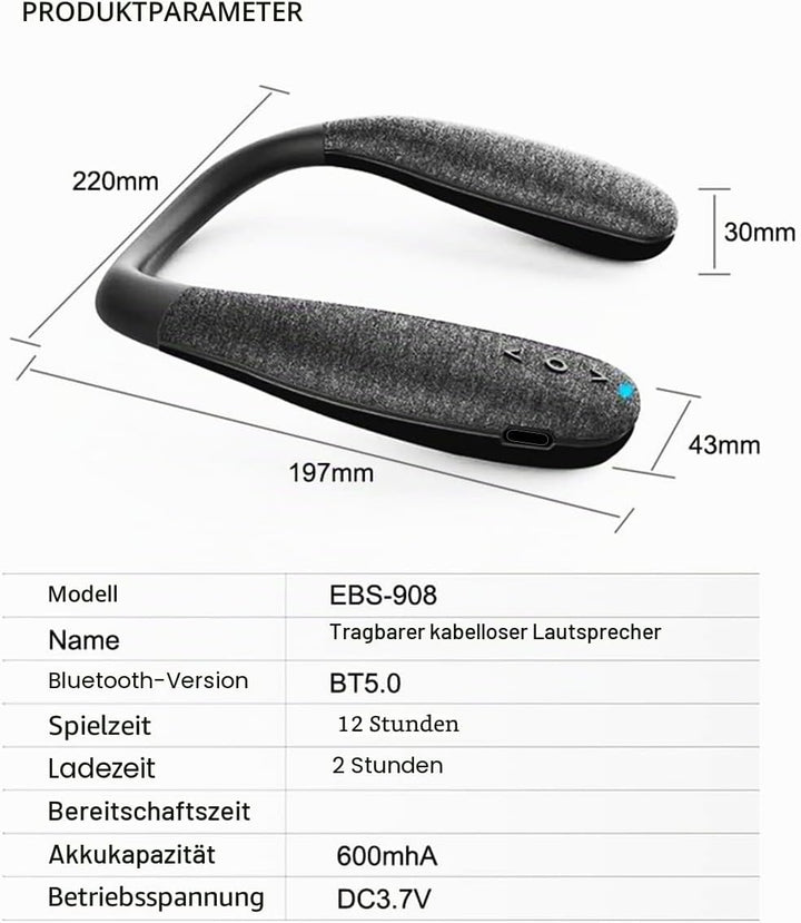 QiCheng & LYS Halsband Bluetooth Lautsprecher, Companion Schwarz, Tragbar Drahtlos, Hervorragende Au
