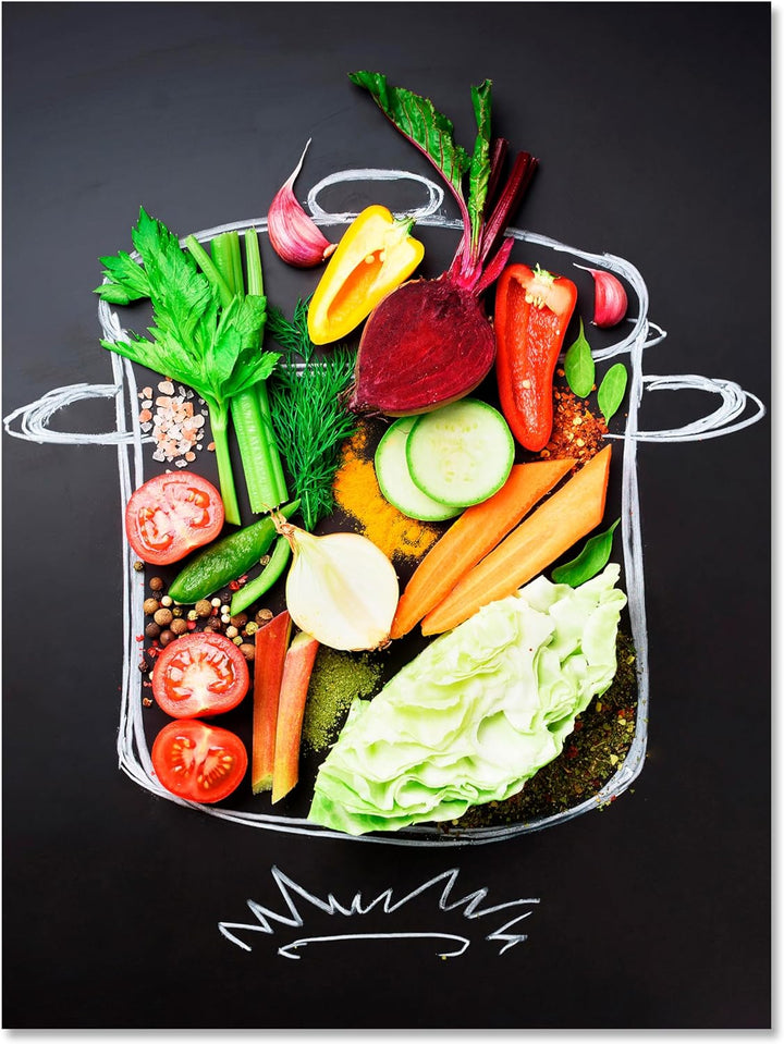 wandmotiv24 Obst & Gemüse als Leinwandbild, 60x45cm, Hochformat, Gemüse, Kochtopf, Salat, Küche, Leb