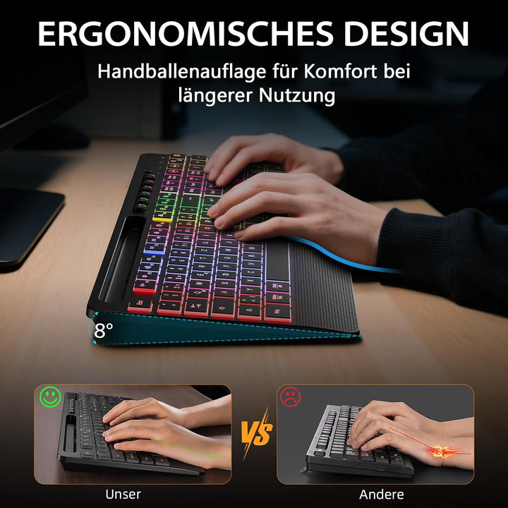 Hamile Tastatur Maus Set kabellos Beleuchtete mit Telefonhalter, 2,4 GHz USB-A/C wiederaufladbar Tas