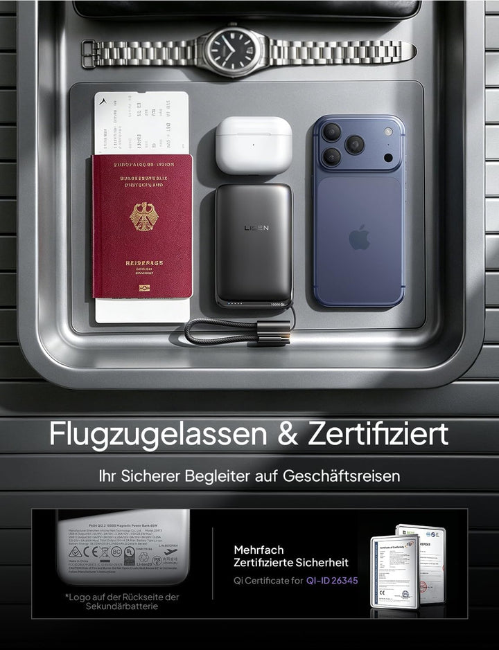 LISEN Qi2.2 25W MagSafe Powerbank, Power Bank 45W PD Schnellladen &amp;10000mah Flugzulassung, Robuster
