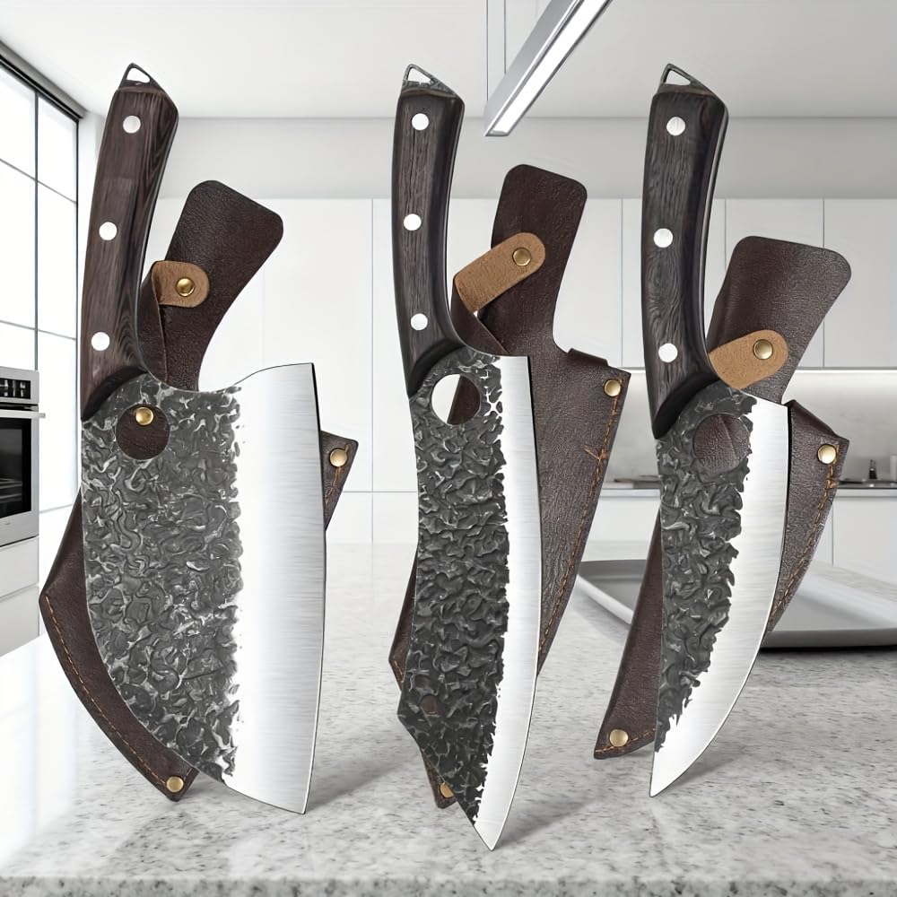 3-Piece Hand-Forged Kitchen Knife Set with Leather Sheaths - Sharp Chef, Cleaver &amp; Boning Knives for