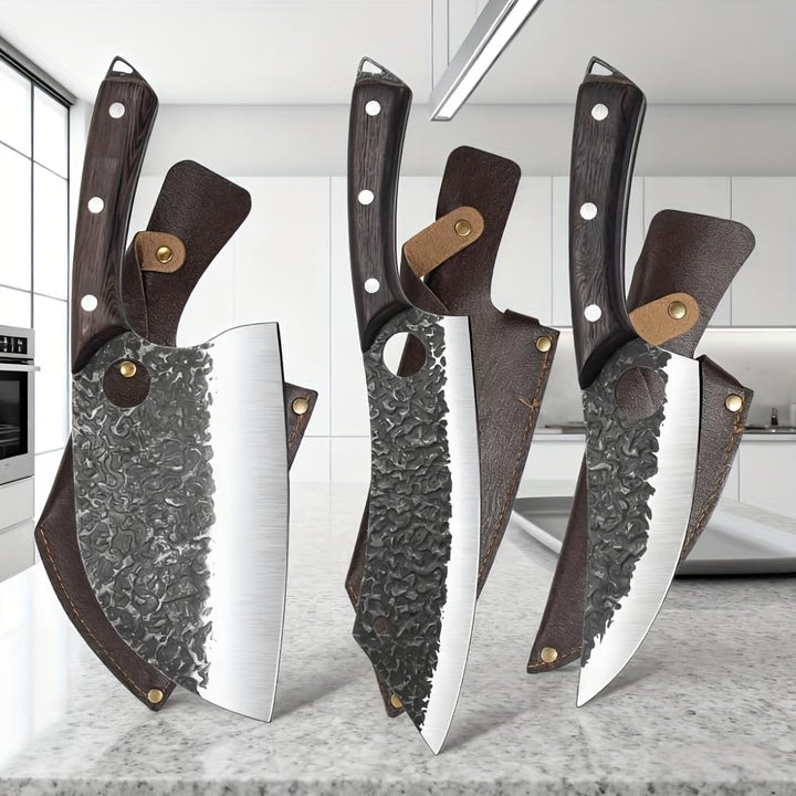 3-Piece Hand-Forged Kitchen Knife Set with Leather Sheaths - Sharp Chef, Cleaver &amp; Boning Knives for