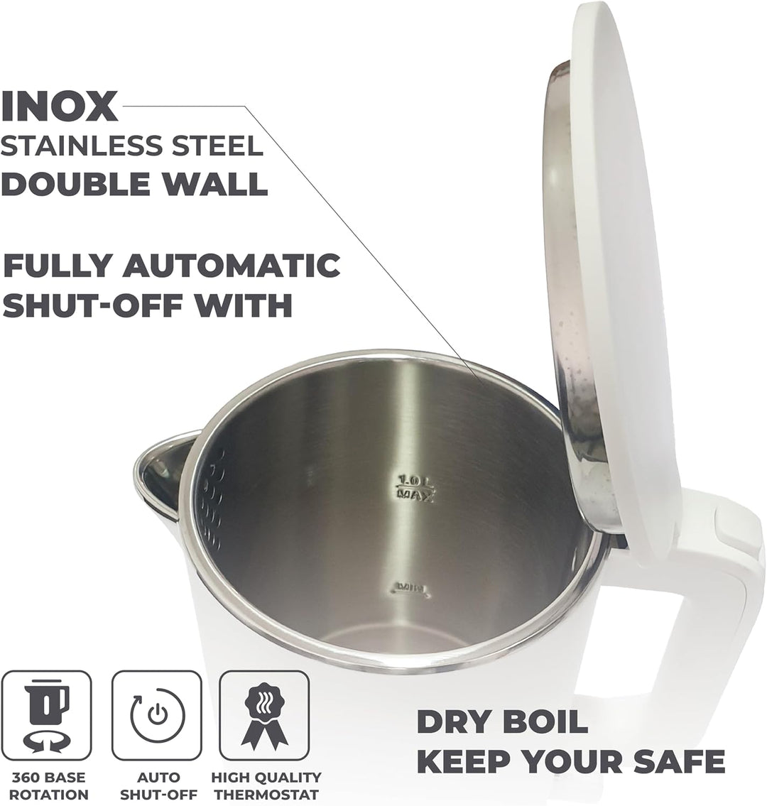 Muller Kitchen MK-6061 Elektrischer Wasserkocher, 1 l, 1000 W, doppelwandig, 360-Grad-Drehfuss, auto