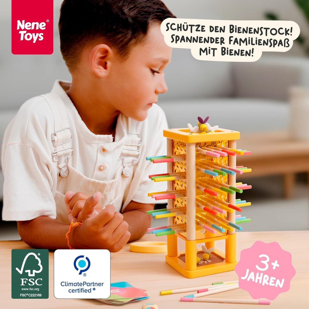 Nene Toys BEEFALL Bienen Geschicklichkeitsspiel für Kinder 3 4 5 6 Jahre – Holz-Turmspiel mit Würfel
