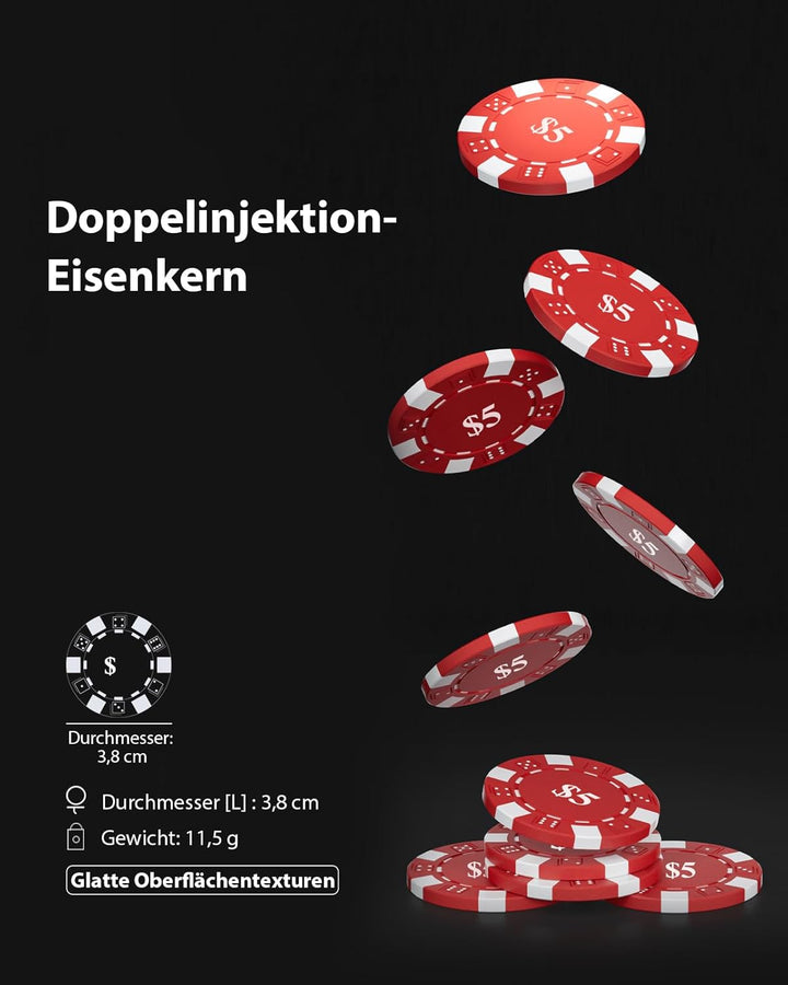 Pokerchips Set 600 Stück mit Zahlen, Aluminiumkoffer, 11,5g Eisenkern Chips, 2 Spielkarten, 5 Wertst