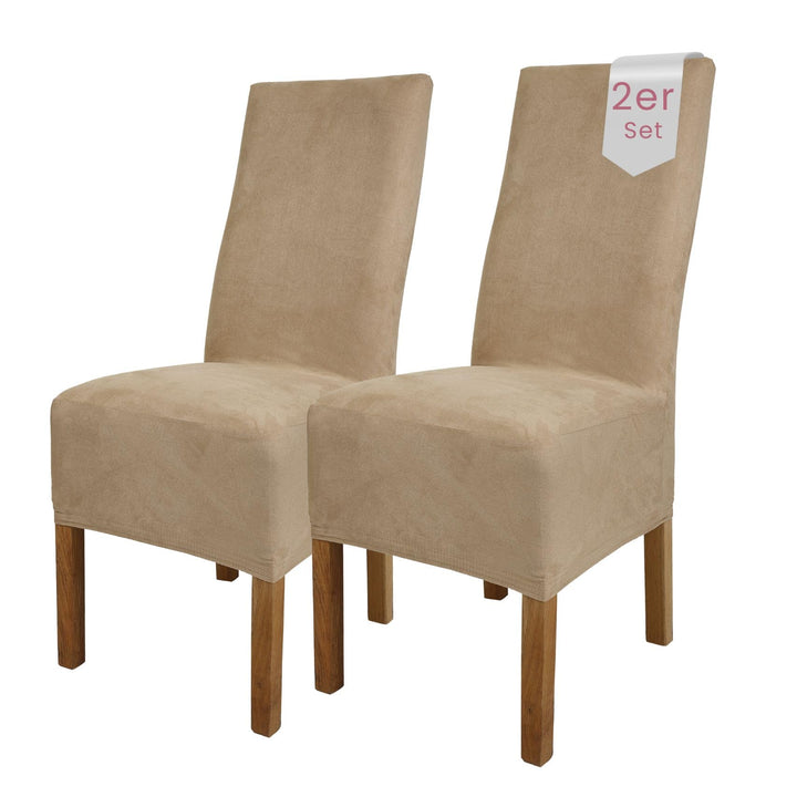 SCHEFFLER-Home Stuhlhussen 2er Set Leon Beige-Stein/elastische Wildleder Hussen für Stühle/Robustes
