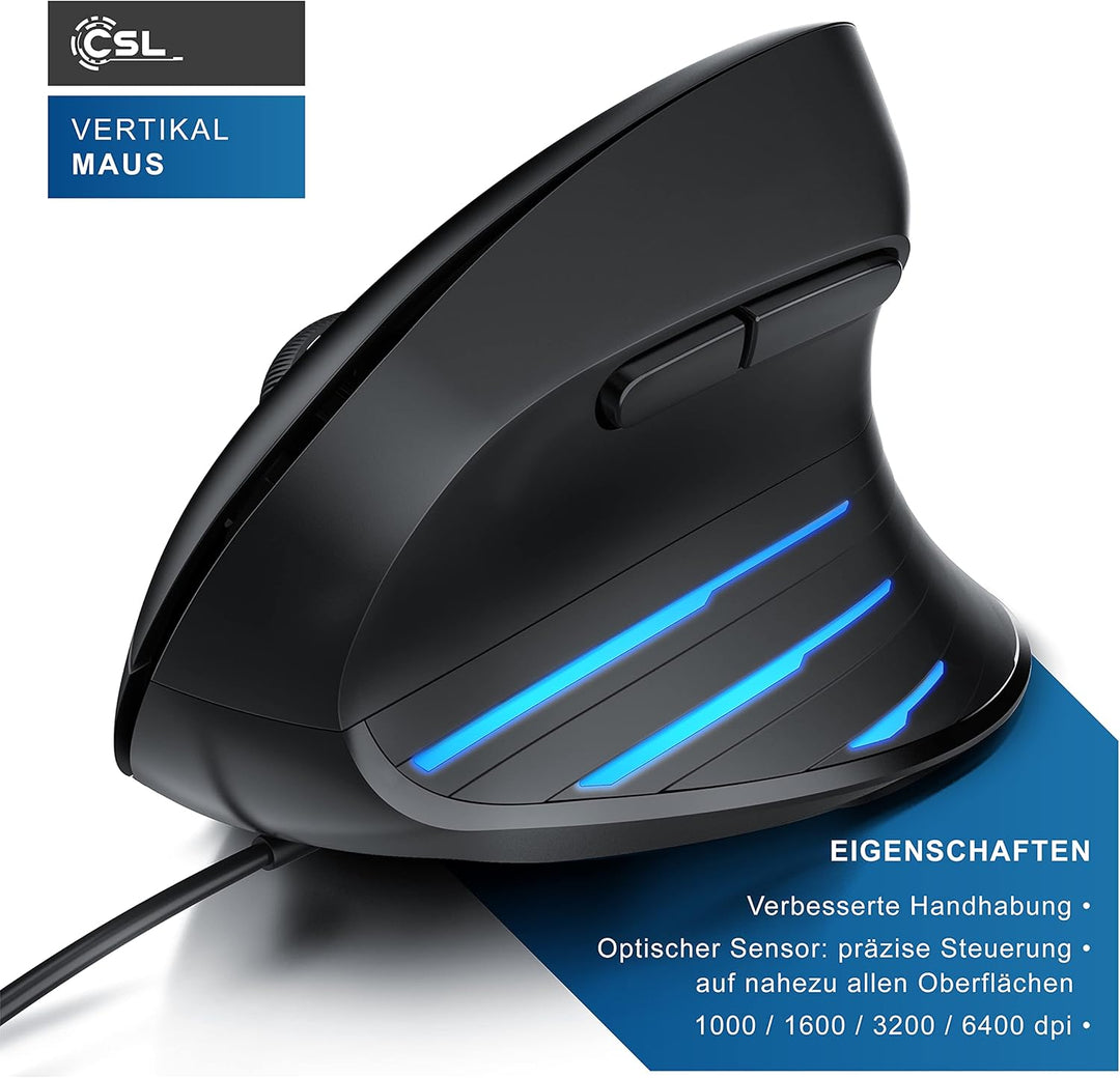 CSL - ergonomische Maus 6400 DPI - neues Modell - Vertikal mit Kabel - USB Vertical Mouse – ergonomi