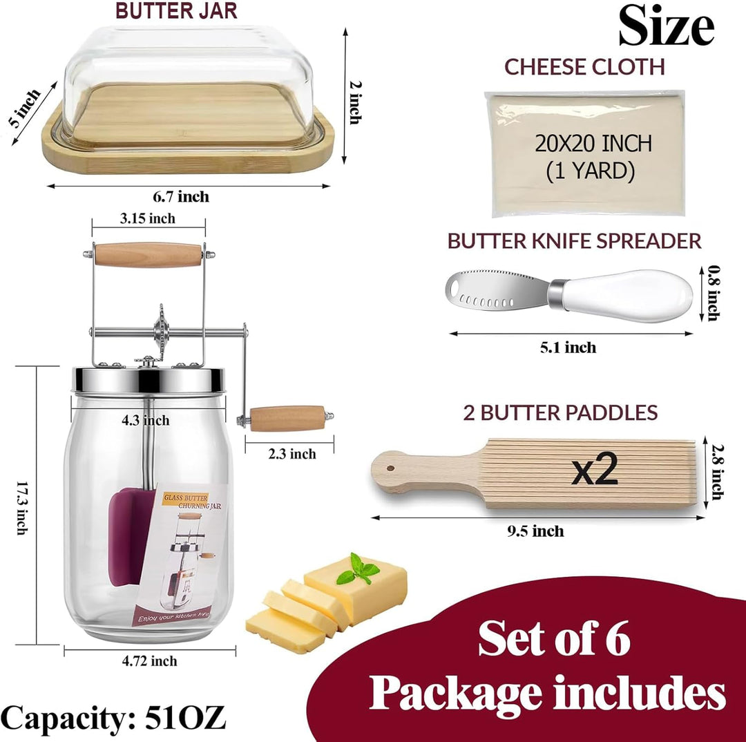Butterfass Glas mit Handkurbel, 1,5L Butterfass Zum Butter Machen Mit Holzgriff Edelstahlgetriebe Ma