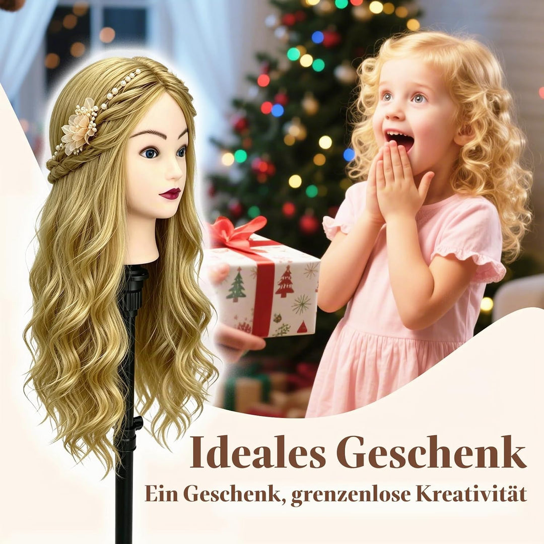 Yofuly 22Zoll / 56cm Frisierkopf, 85% Echthaar Übungskopf, Frisieren Trainingsköpfe Puppenkopf Frise