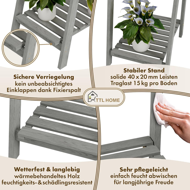 Blumenleiter Flower Ladder L 160x41x50cm hellgrau - 4-Ebenen Natur Holz Leiterregal Blumentreppe Blu