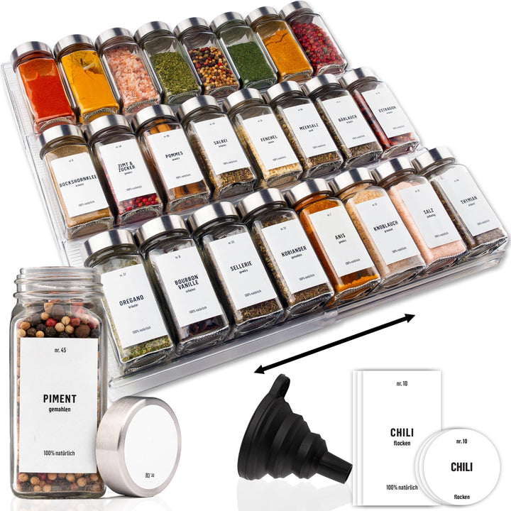 Deco haus® Gewürzregal mit Gläsern [MIT 24 GEWÜRZGLÄSER & ETIKETTEN] - Gewürzregal Schublade auszieh